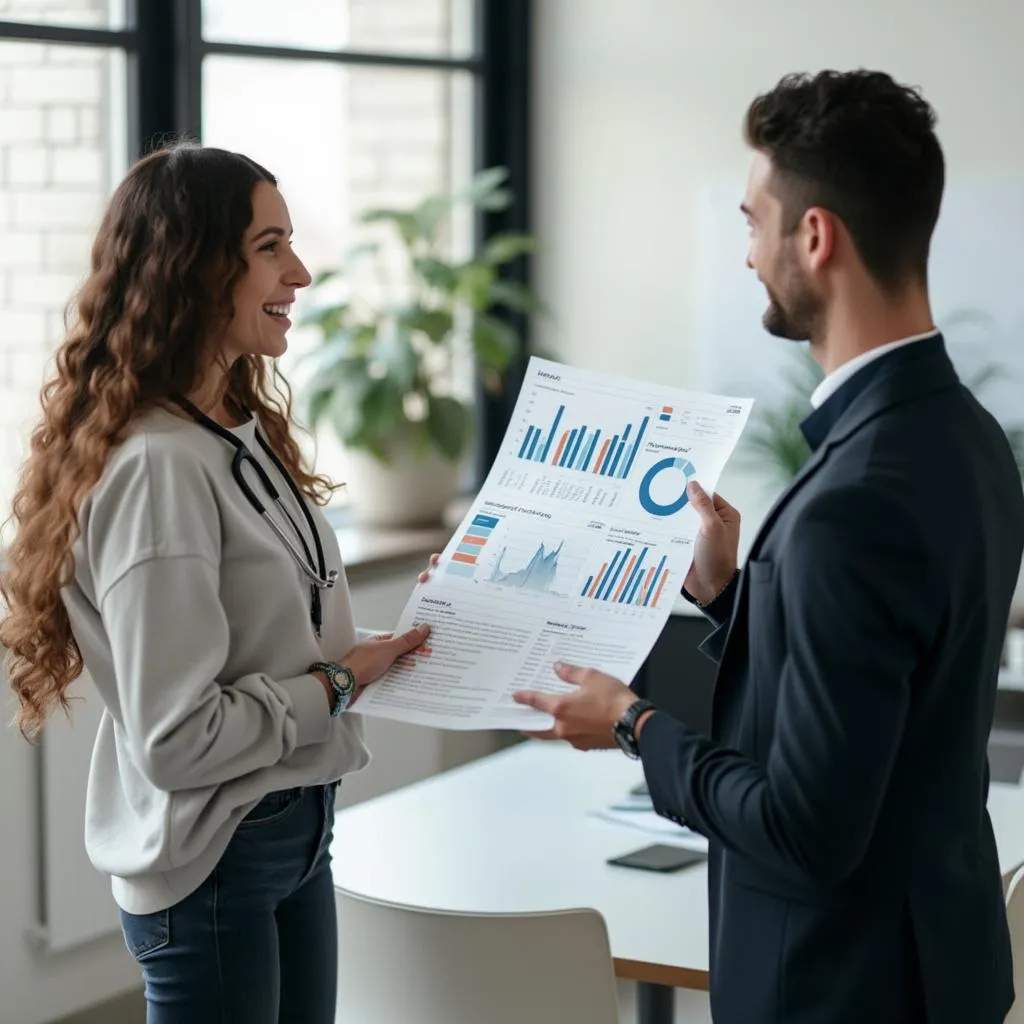 Consultor presentando resultados a un cliente
